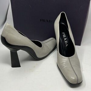 Prada Sz 38 Gray Leather Cuban Heel Pumps